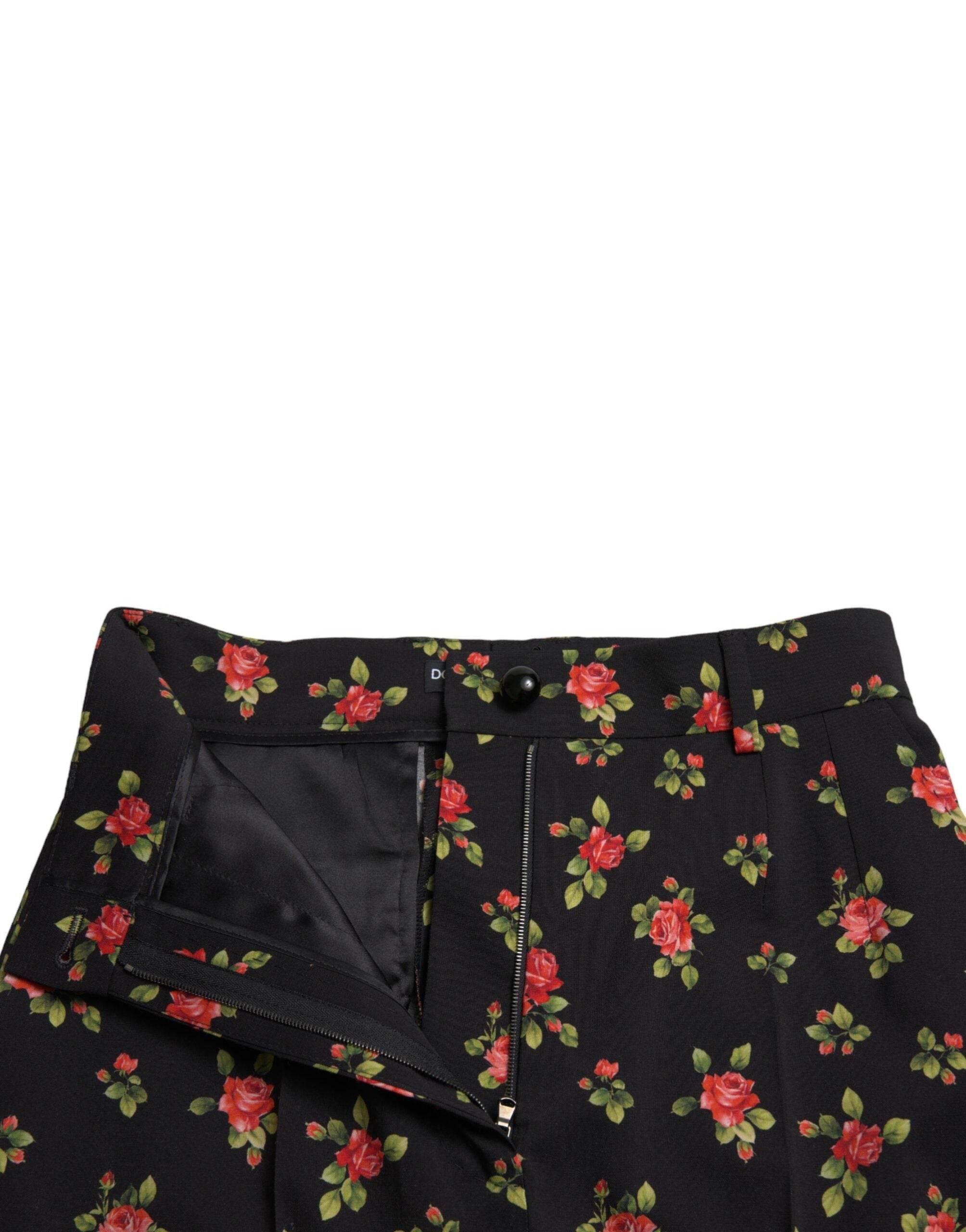 Dolce & Gabbana Black Floral Wool High Waist Tapered Pants - Hilstor