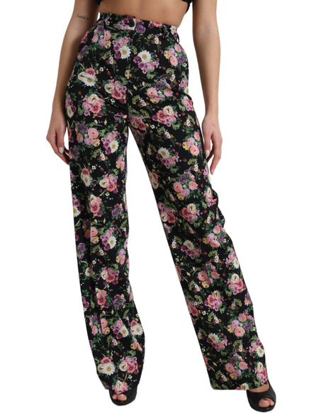 Dolce & Gabbana Black Floral Wool High Waist Wide Leg Pants - Hilstor