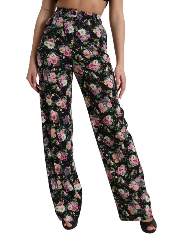 Dolce & Gabbana Black Floral Wool High Waist Wide Leg Pants - Hilstor