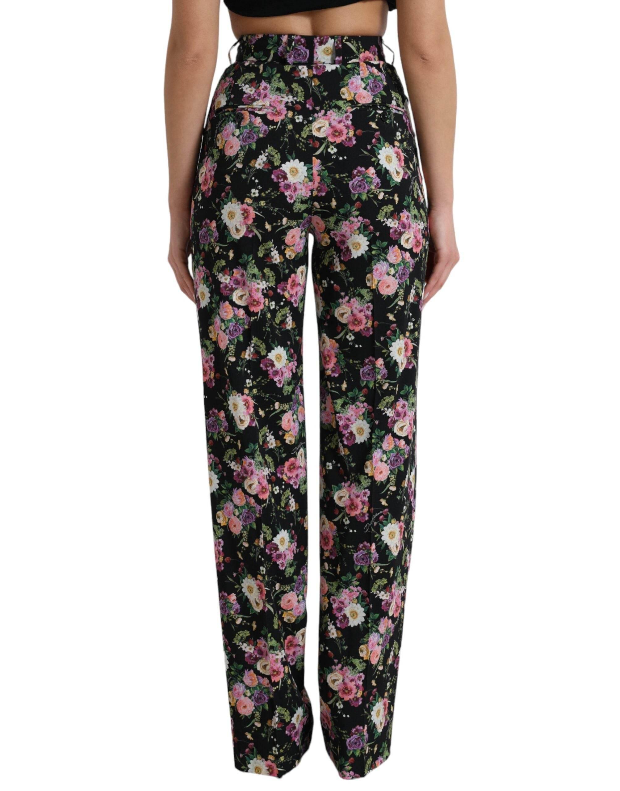 Dolce & Gabbana Black Floral Wool High Waist Wide Leg Pants - Hilstor
