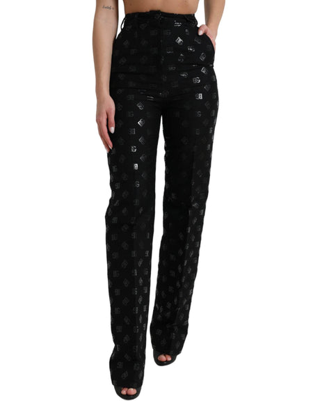 Dolce & Gabbana Black Wool DG Logo High Waist Straight Pants - Hilstor