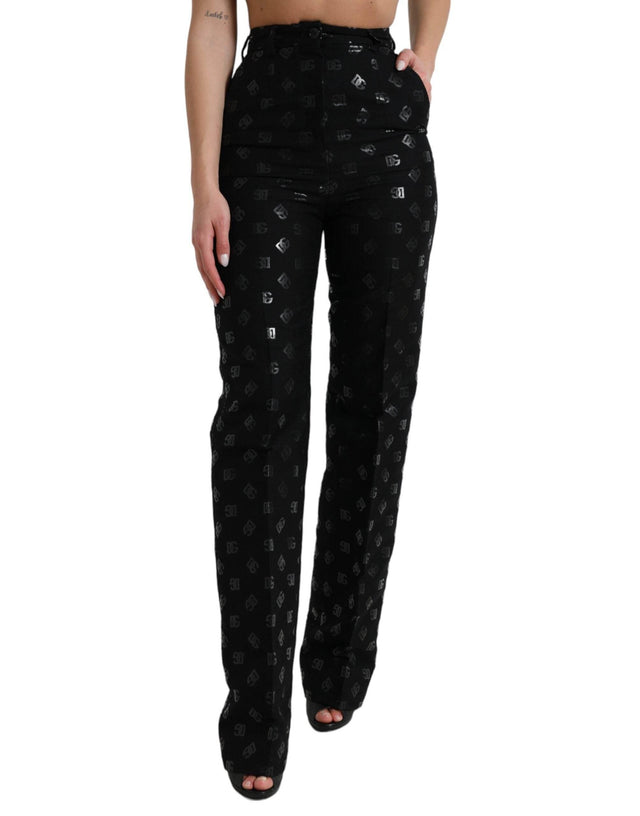 Dolce & Gabbana Black Wool DG Logo High Waist Straight Pants - Hilstor