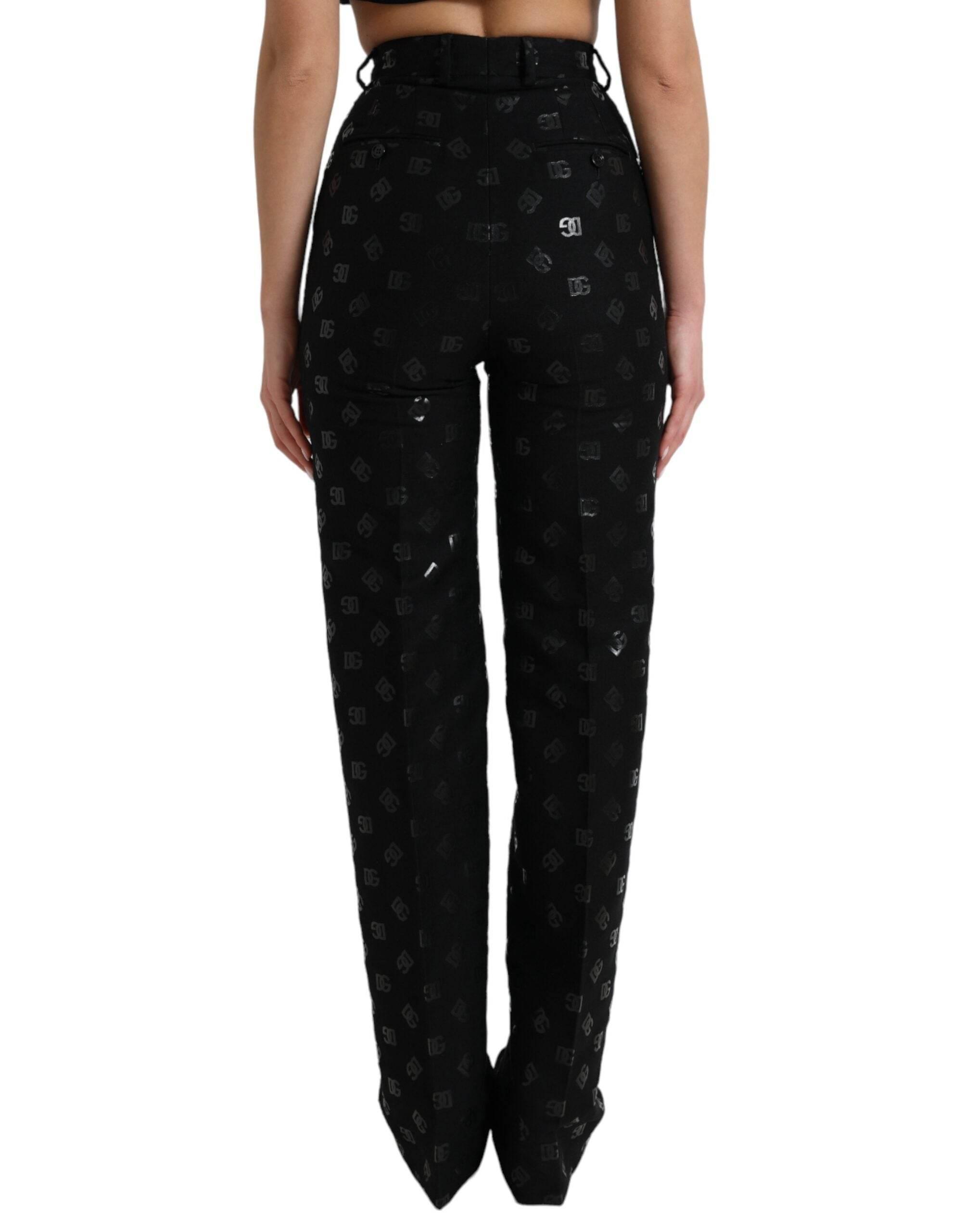 Dolce & Gabbana Black Wool DG Logo High Waist Straight Pants - Hilstor