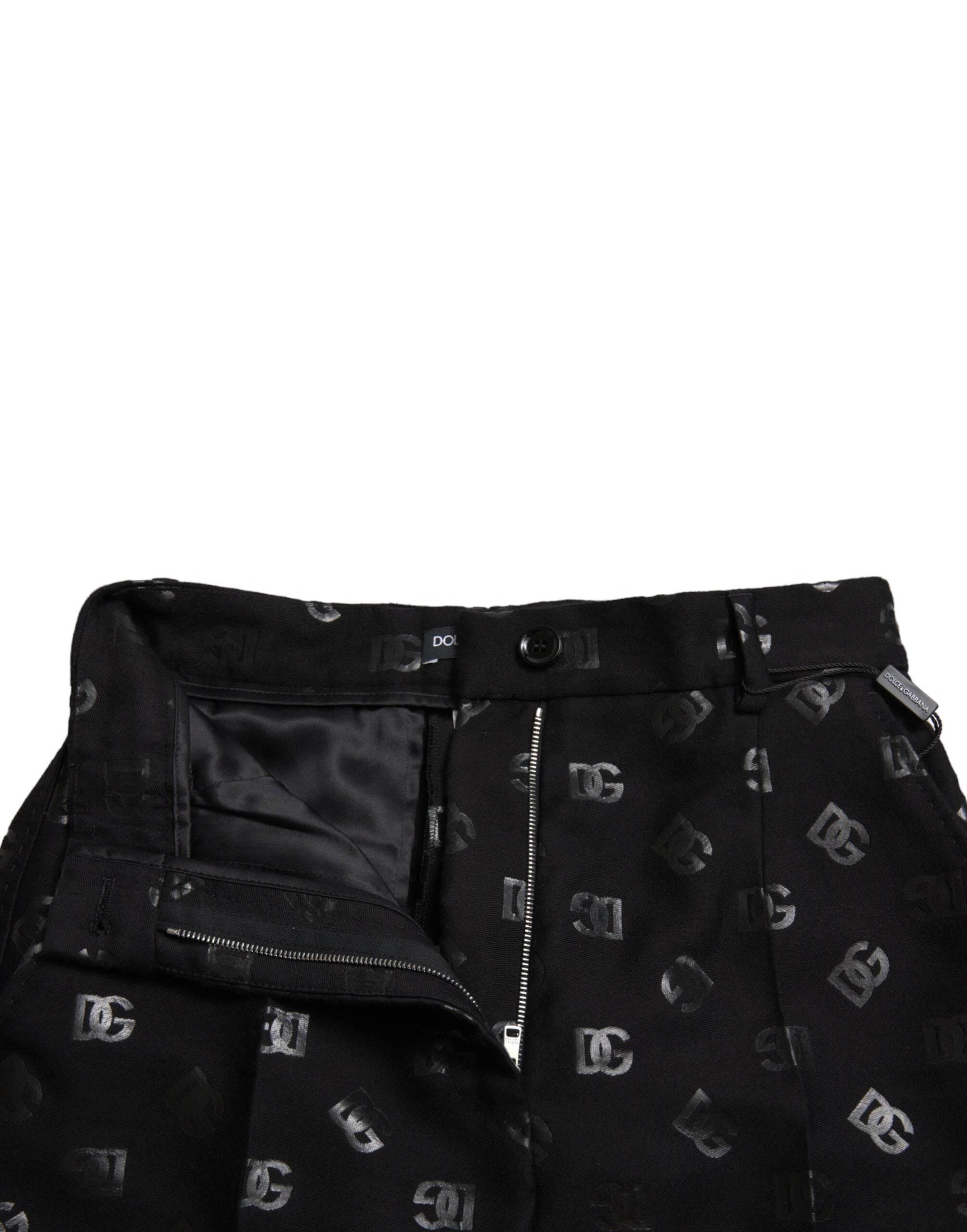 Dolce & Gabbana Black Wool DG Logo High Waist Straight Pants - Hilstor