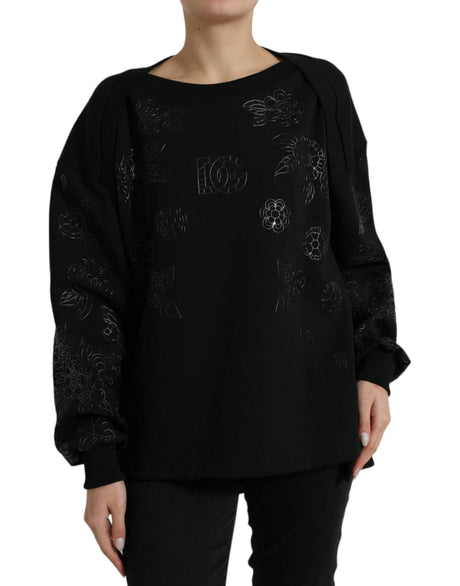 Dolce & Gabbana Black Pullover Floral Logo Applique Sweater - Hilstor
