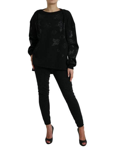 Dolce & Gabbana Black Pullover Floral Logo Applique Sweater - Hilstor