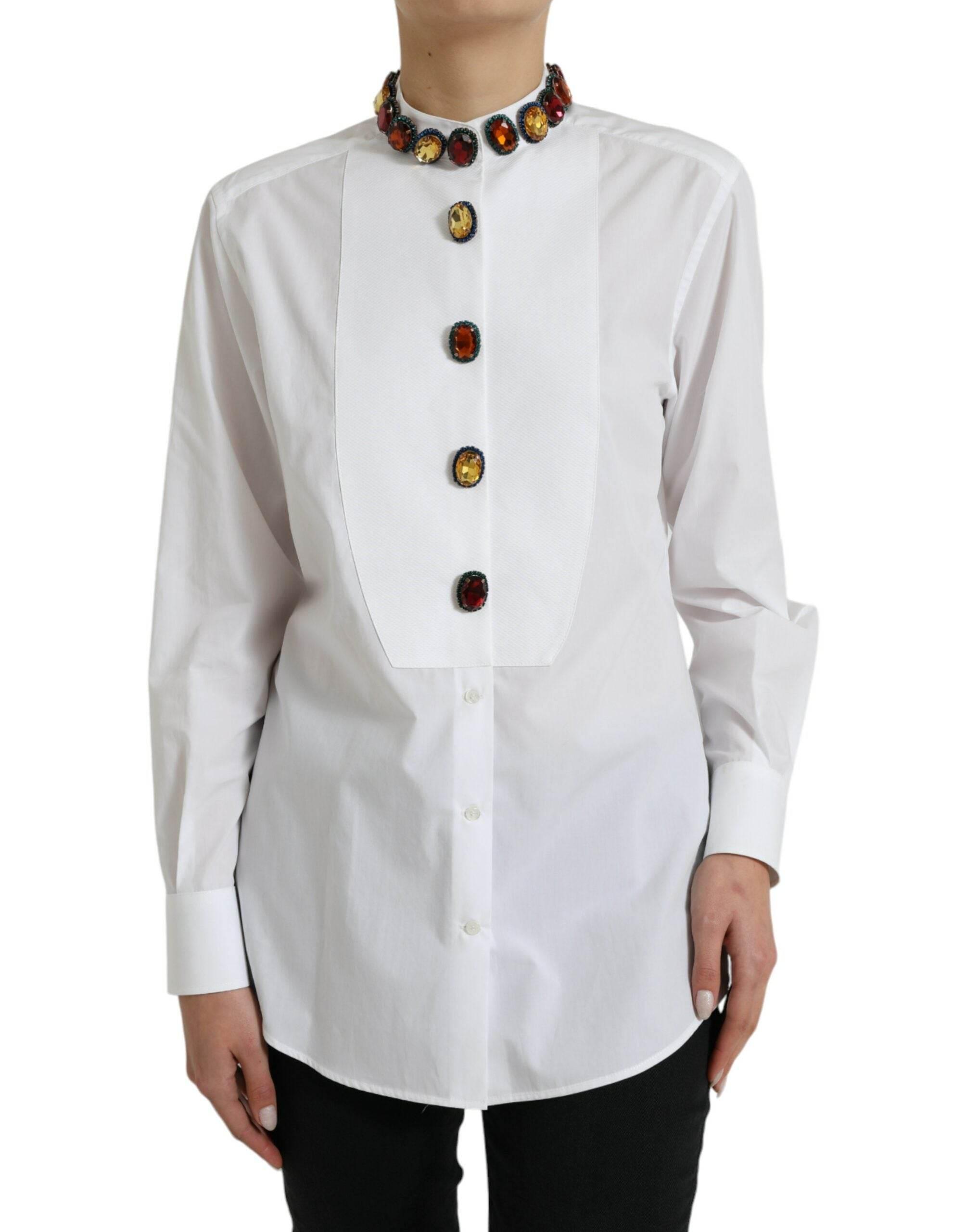 Dolce & Gabbana Elegant Crystal-Embellished White Cotton Top - Hilstor