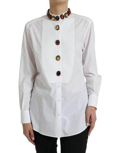 Dolce & Gabbana Elegant Crystal-Embellished White Cotton Top - Hilstor