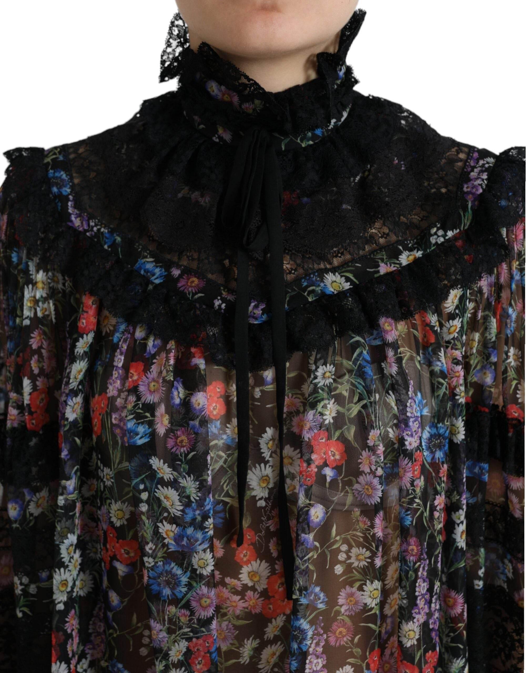 Dolce & Gabbana Black Floral Print Long Sleeves Blouse Top - Hilstor