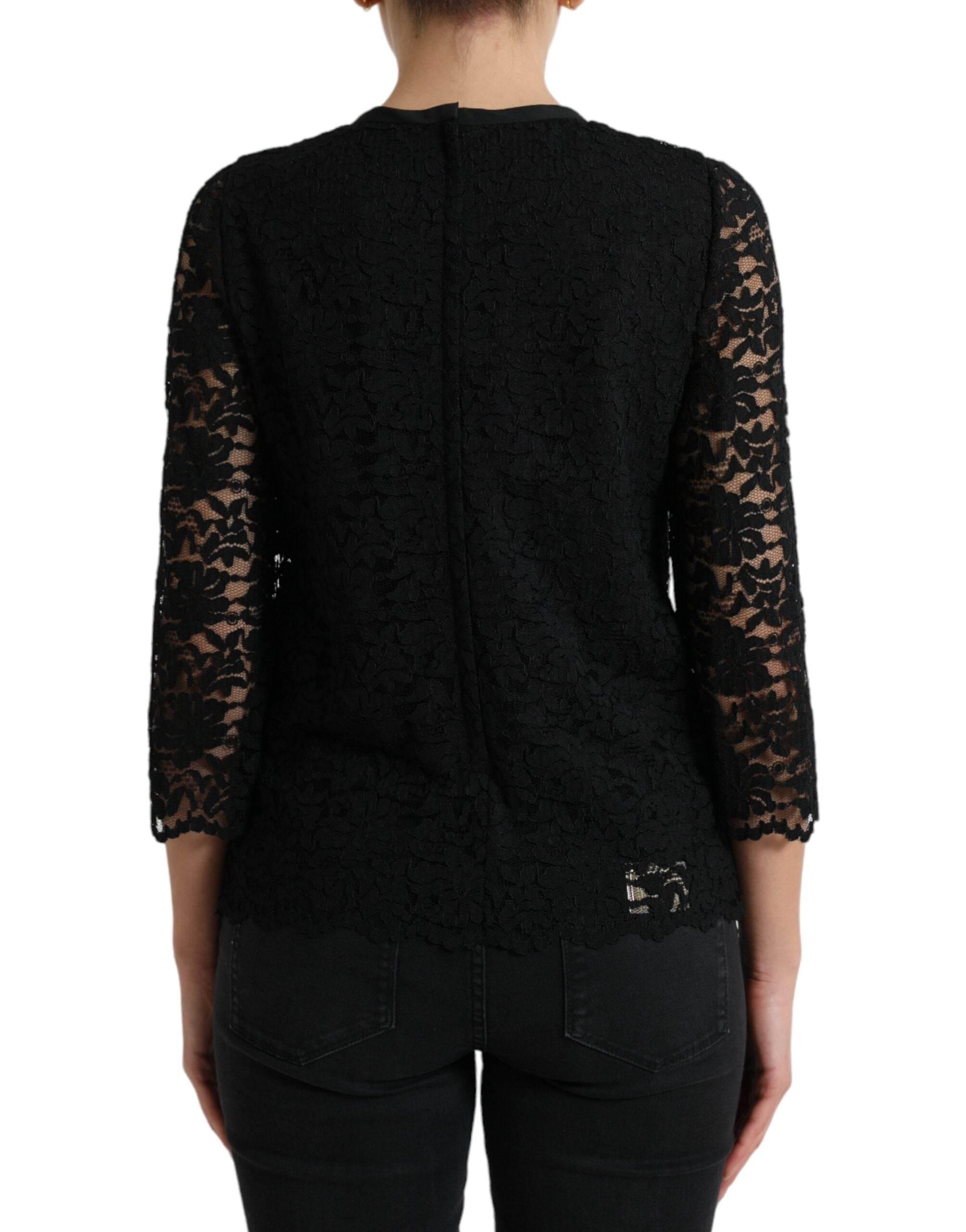 Dolce & Gabbana Black STAFF Blouse Floral Lace Nylon Top - Hilstor