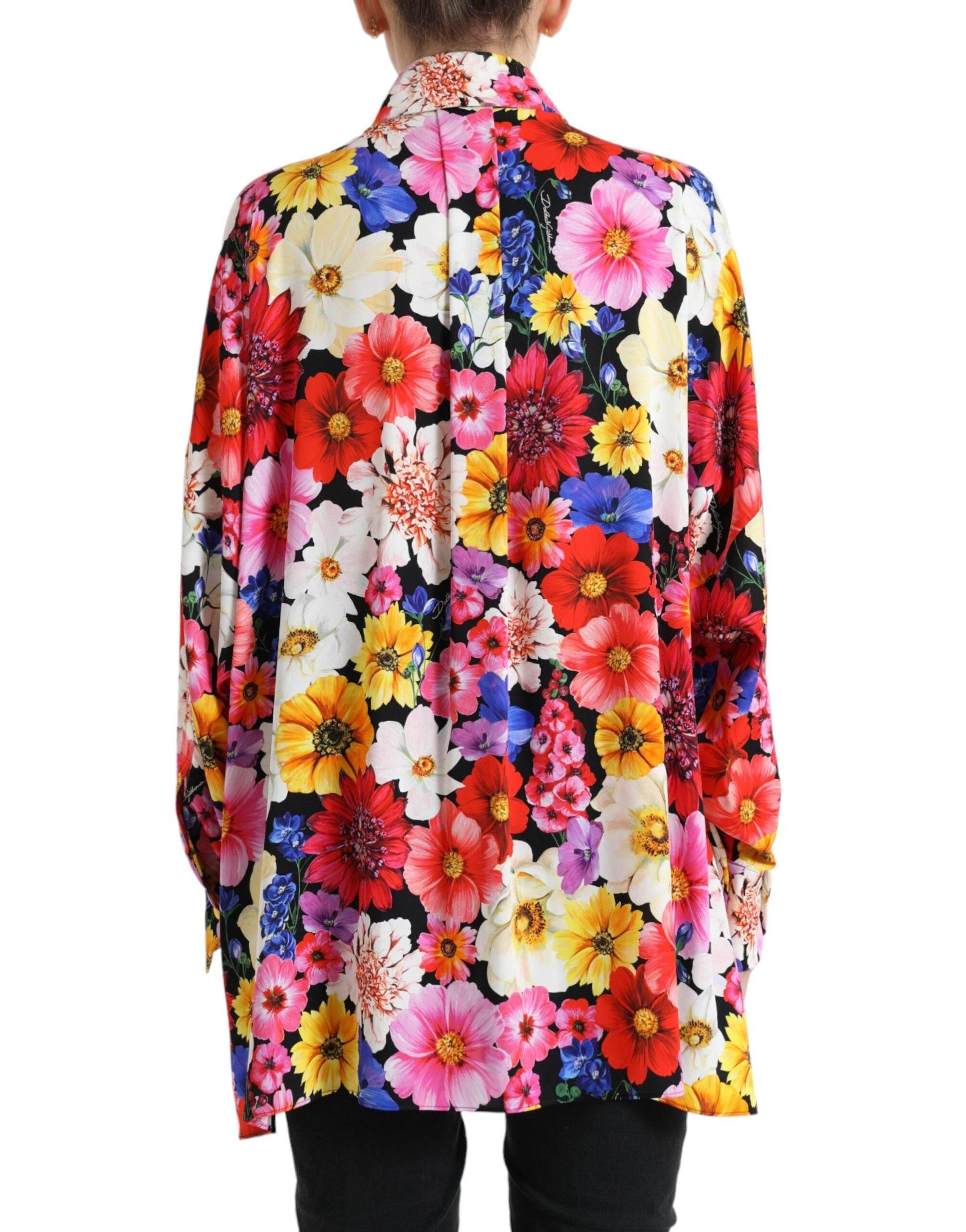 Dolce & Gabbana Multicolor Floral Ascot Collared Blouse Top - Hilstor