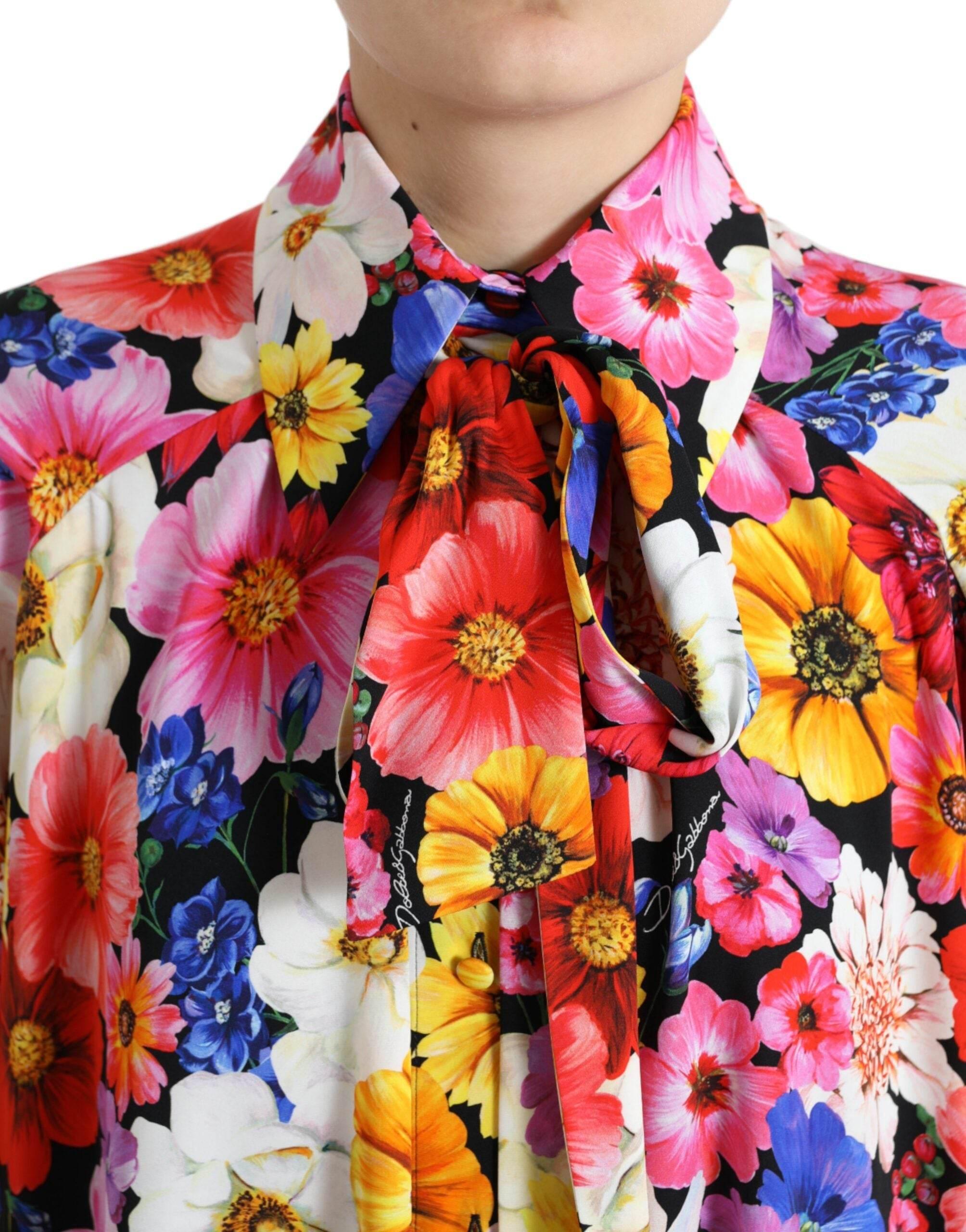 Dolce & Gabbana Multicolor Floral Ascot Collared Blouse Top - Hilstor