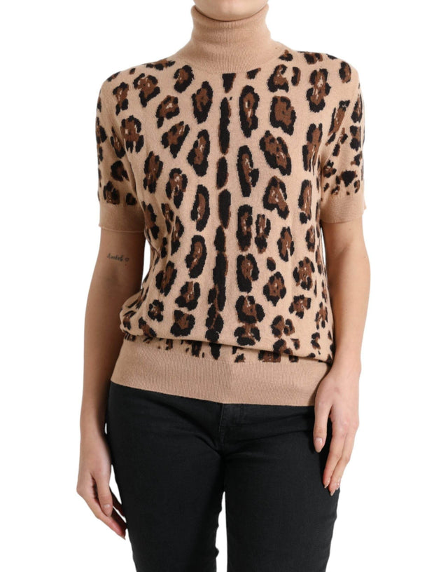 Dolce & Gabbana Elegant Beige Leopard Turtleneck Wool Top - Hilstor