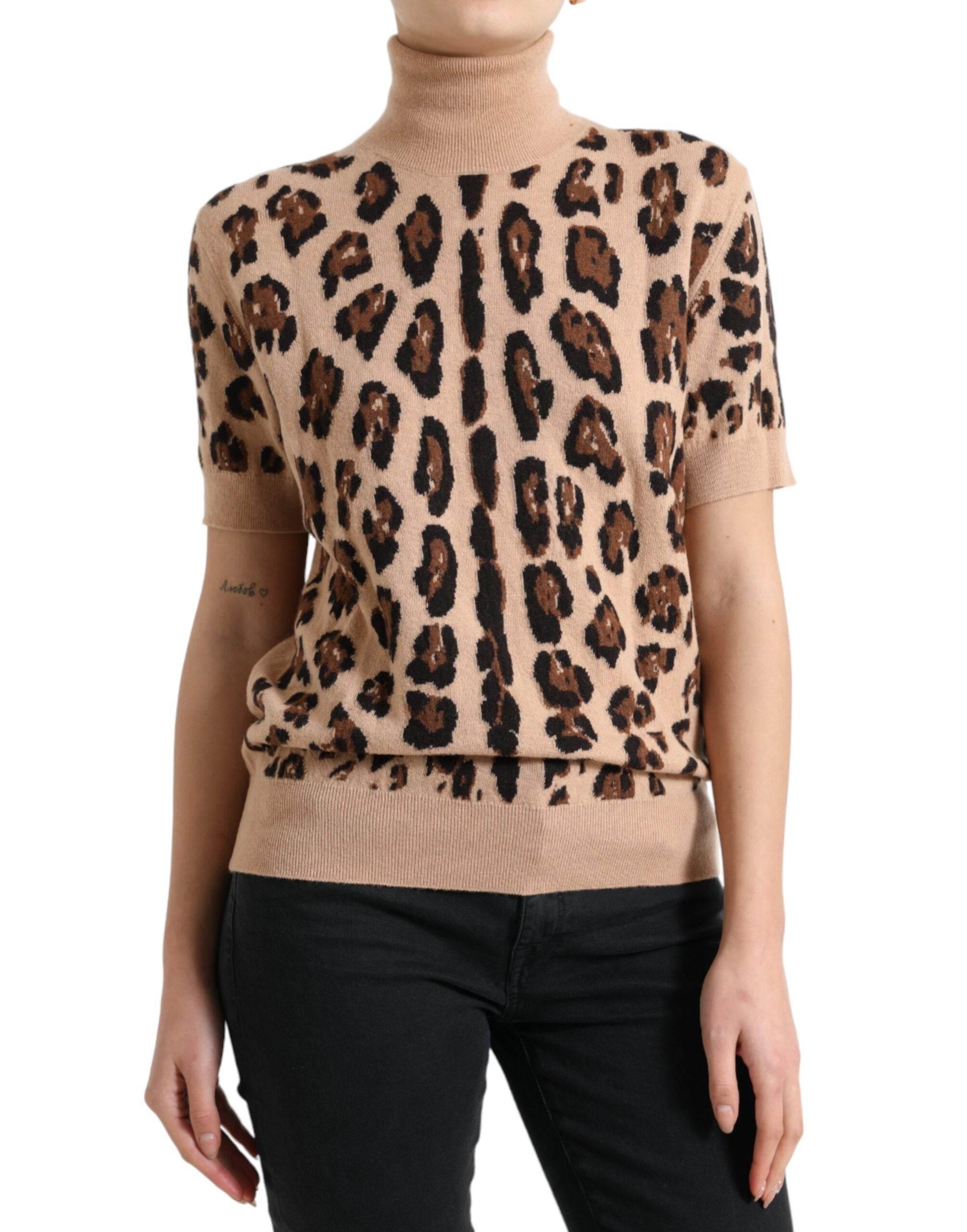 Dolce & Gabbana Elegant Beige Leopard Turtleneck Wool Top - Hilstor