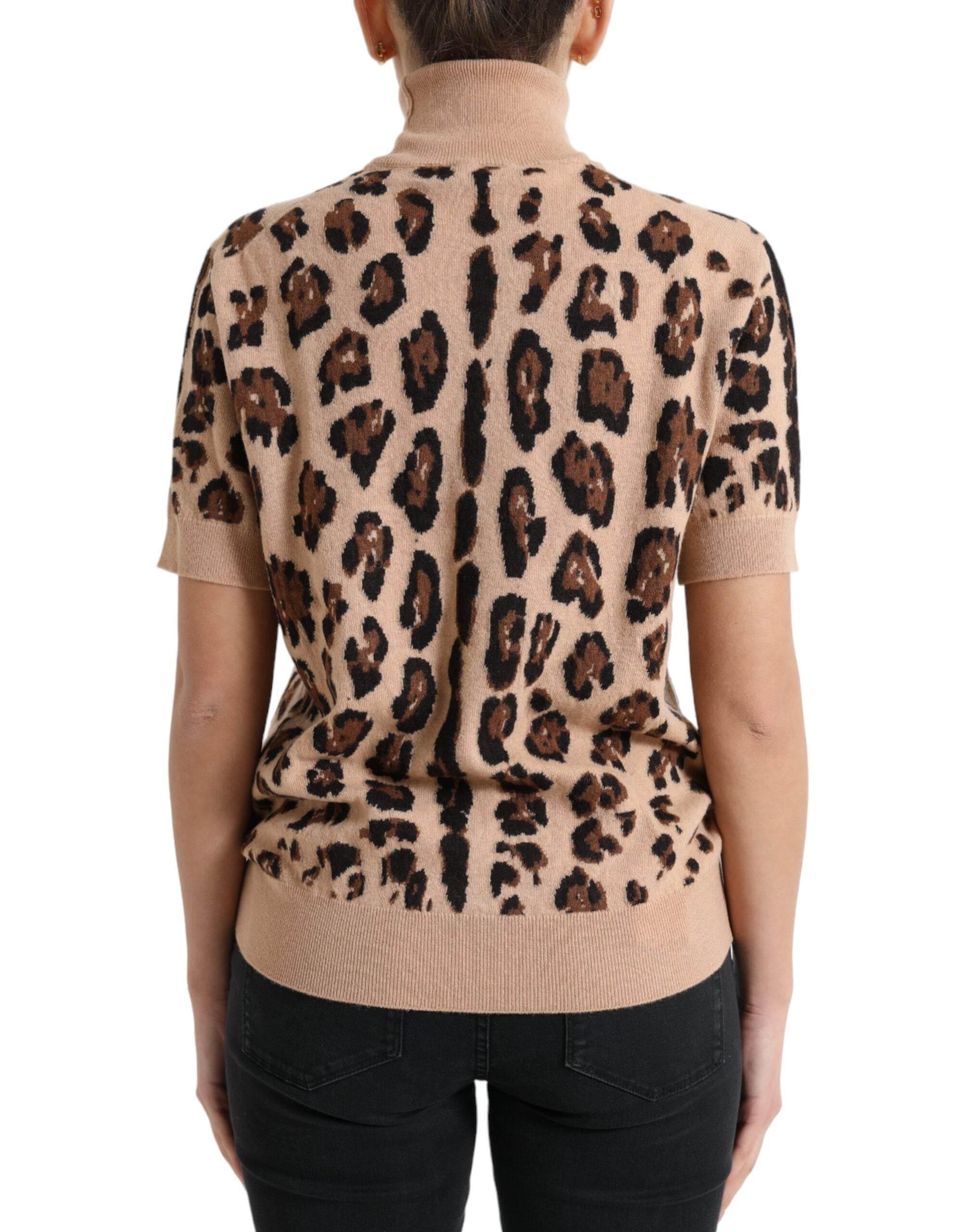Dolce & Gabbana Elegant Beige Leopard Turtleneck Wool Top - Hilstor