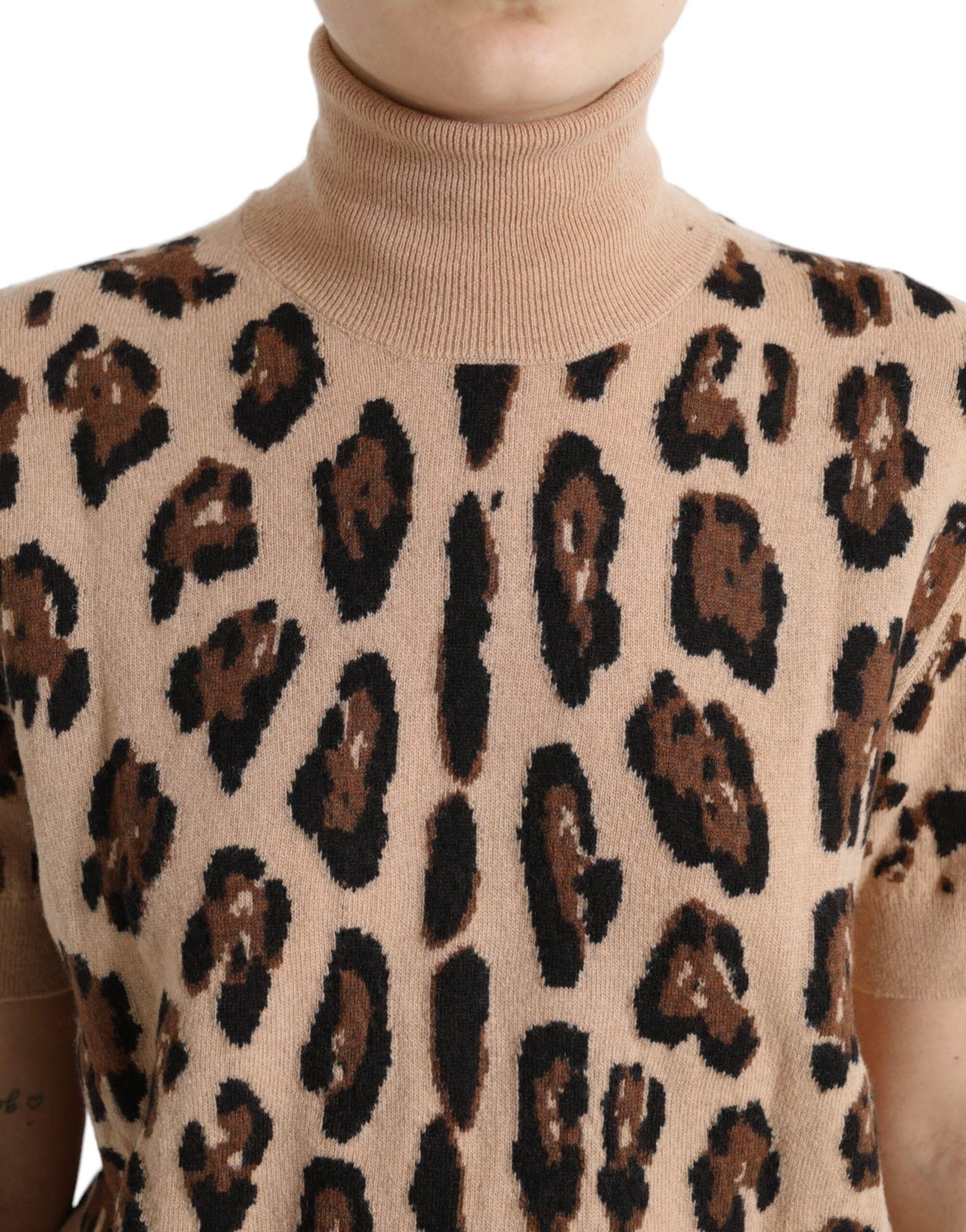 Dolce & Gabbana Elegant Beige Leopard Turtleneck Wool Top - Hilstor