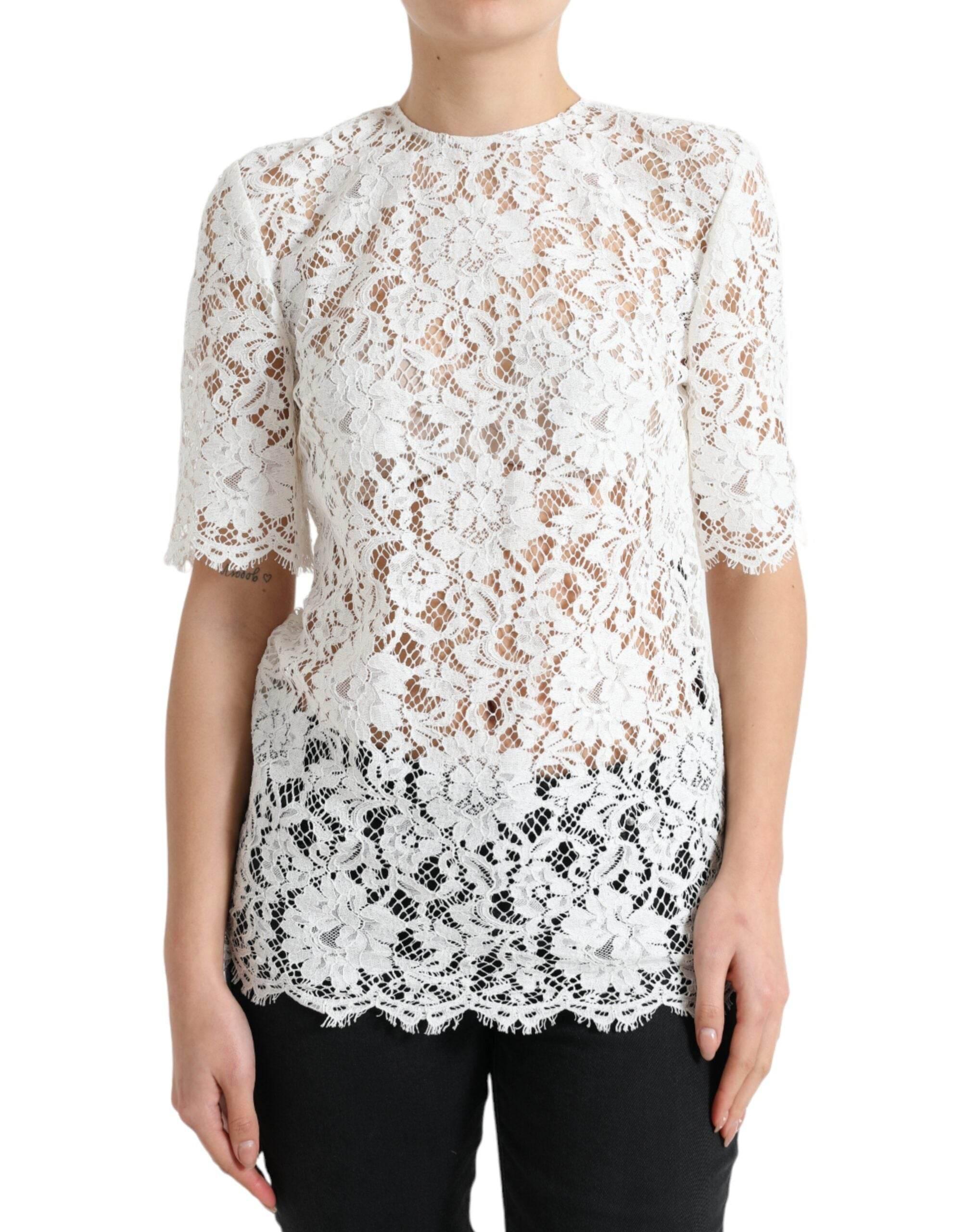 Dolce & Gabbana White Floral Lace Cotton Round Neck Blouse Top - Hilstor