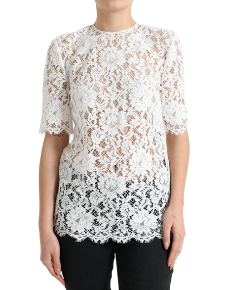 Dolce & Gabbana White Floral Lace Cotton Round Neck Blouse Top - Hilstor