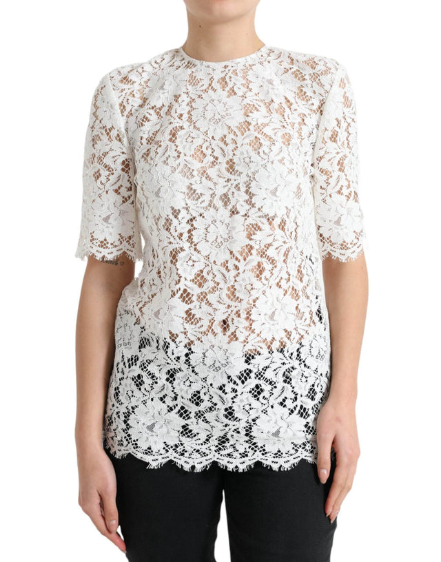 Dolce & Gabbana White Floral Lace Cotton Round Neck Blouse Top - Hilstor