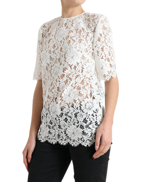 Dolce & Gabbana White Floral Lace Cotton Round Neck Blouse Top - Hilstor