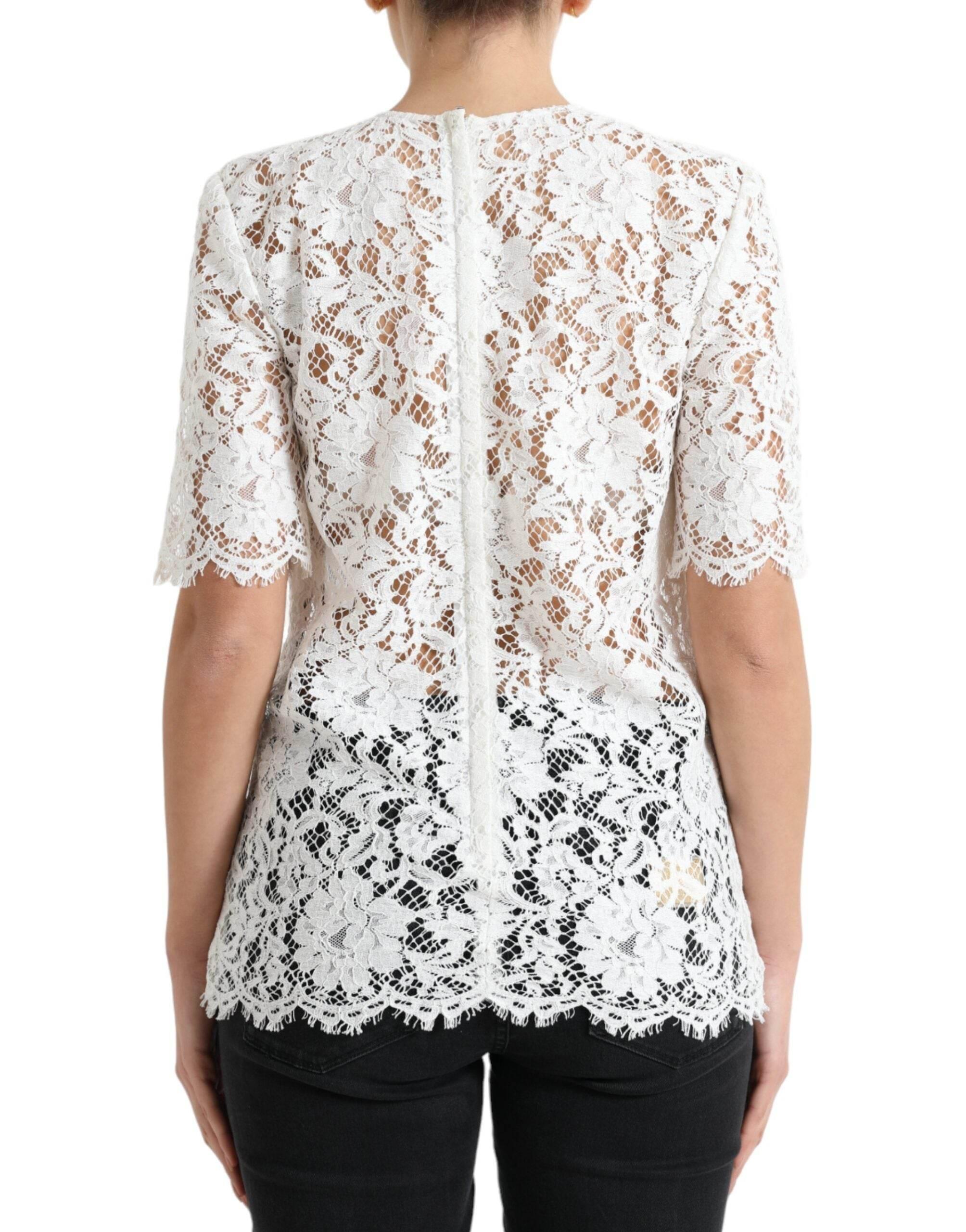 Dolce & Gabbana White Floral Lace Cotton Round Neck Blouse Top - Hilstor