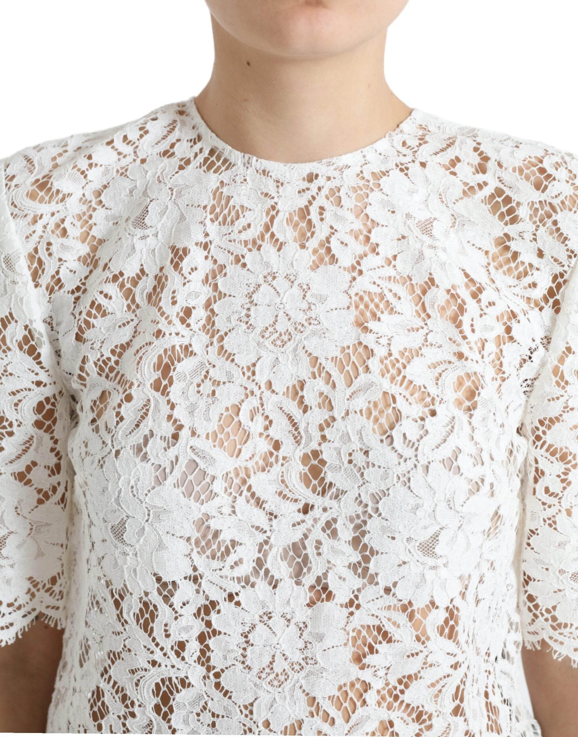 Dolce & Gabbana White Floral Lace Cotton Round Neck Blouse Top - Hilstor