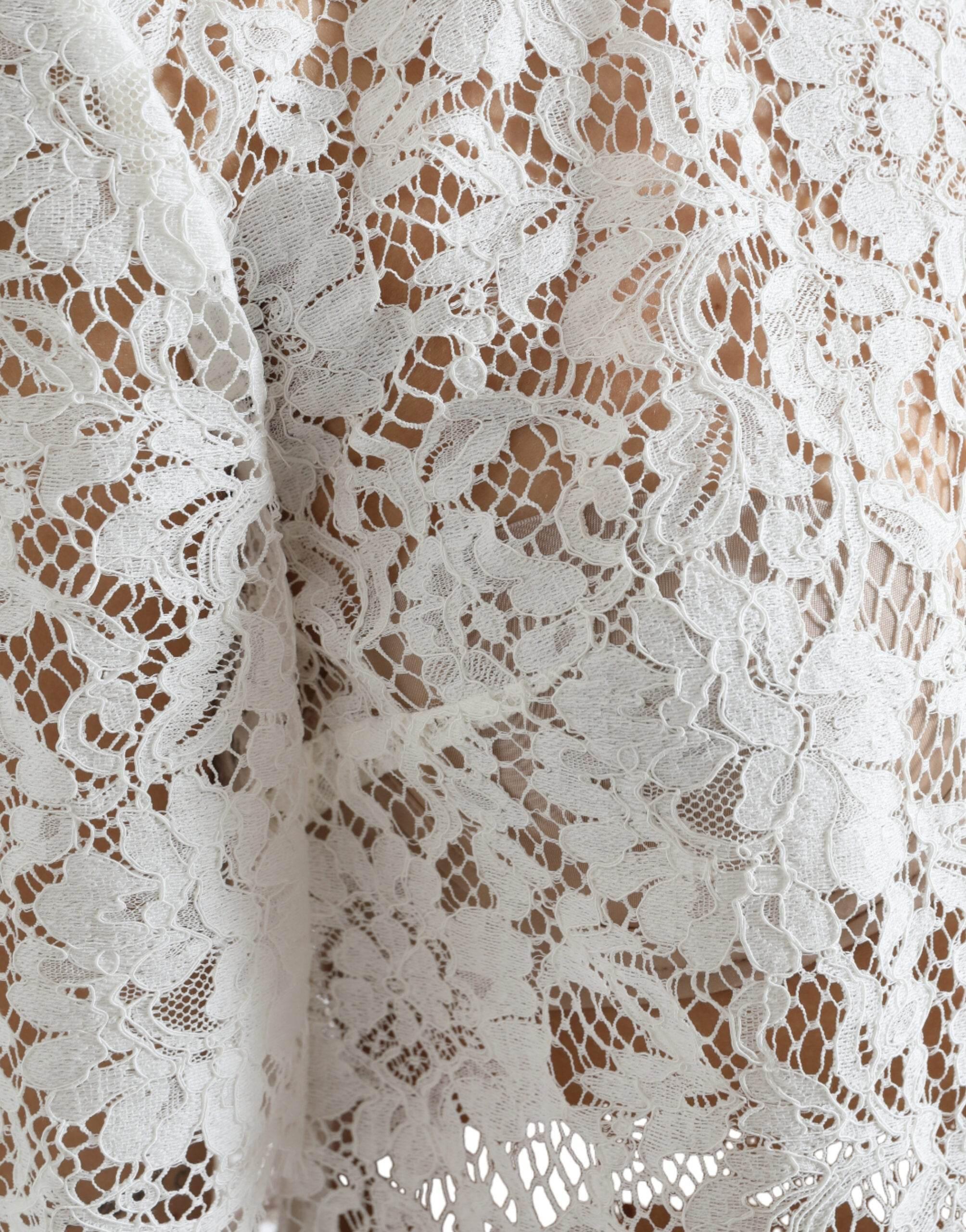 Dolce & Gabbana White Floral Lace Cotton Round Neck Blouse Top - Hilstor