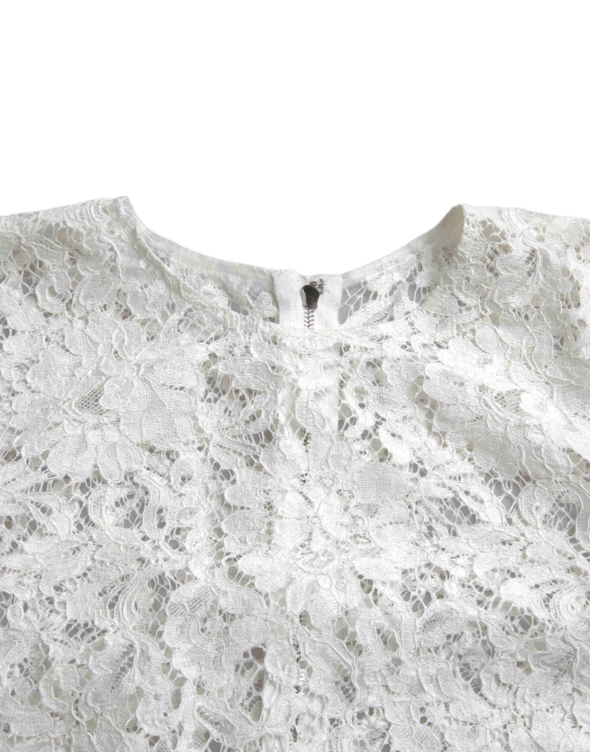 Dolce & Gabbana White Floral Lace Cotton Round Neck Blouse Top - Hilstor