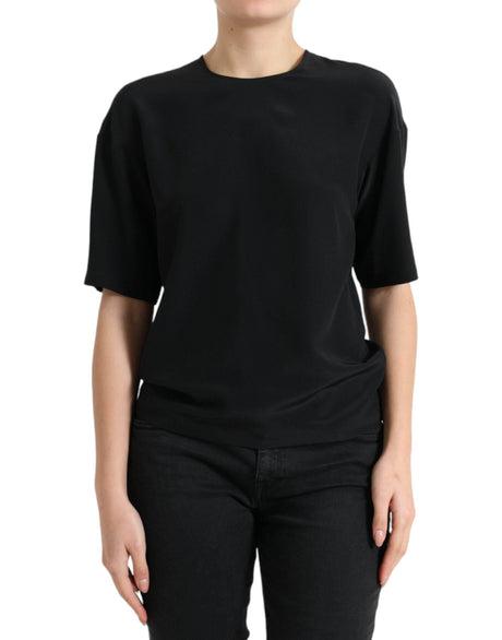 Dolce & Gabbana Black Silk Round Neck Short Sleeve Blouse Top - Hilstor