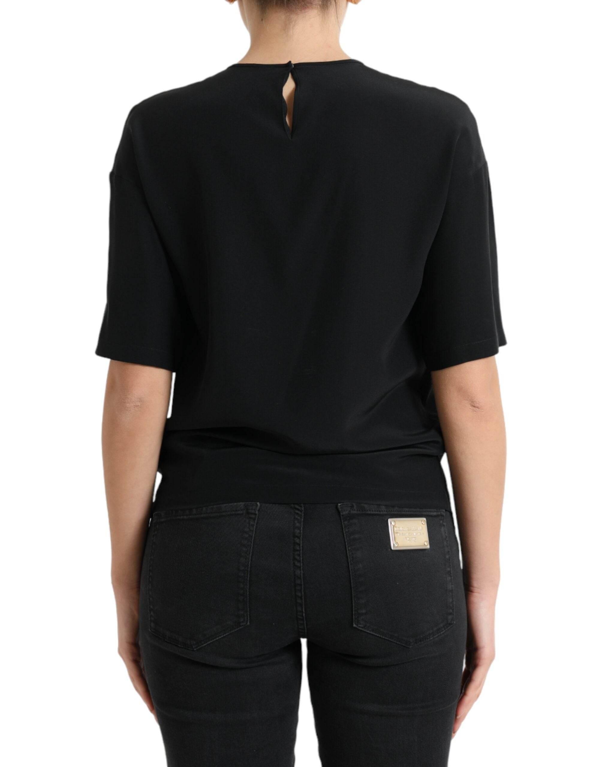 Dolce & Gabbana Black Silk Round Neck Short Sleeve Blouse Top - Hilstor