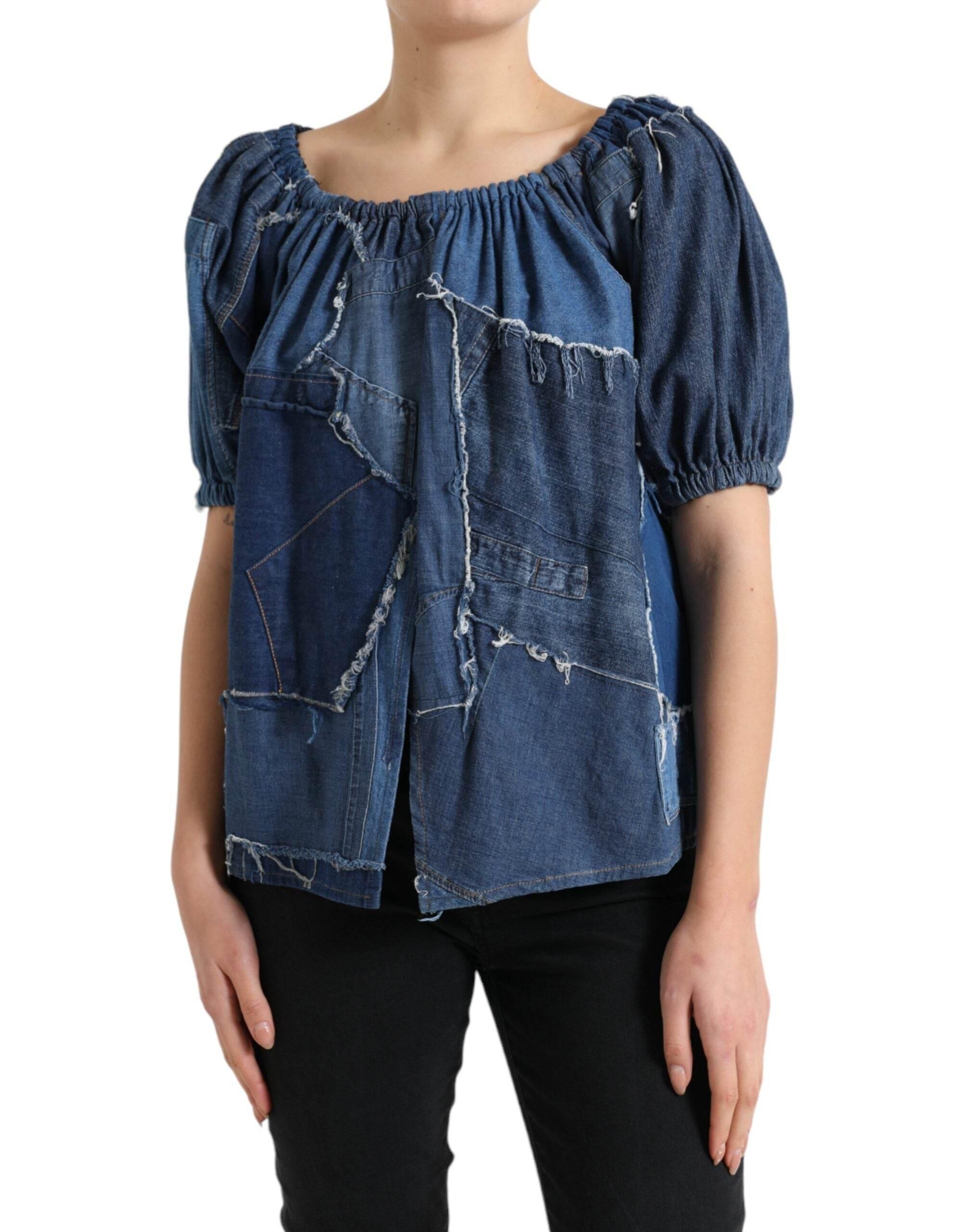 Dolce & Gabbana Blue Patchwork Short Sleeves Denim Blouse Top - Hilstor