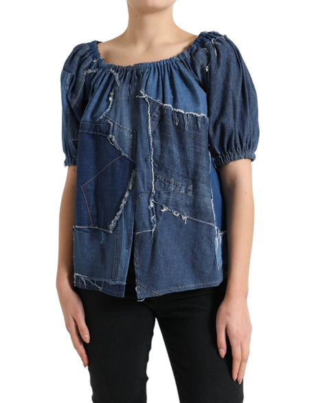 Dolce & Gabbana Blue Patchwork Short Sleeves Denim Blouse Top - Hilstor