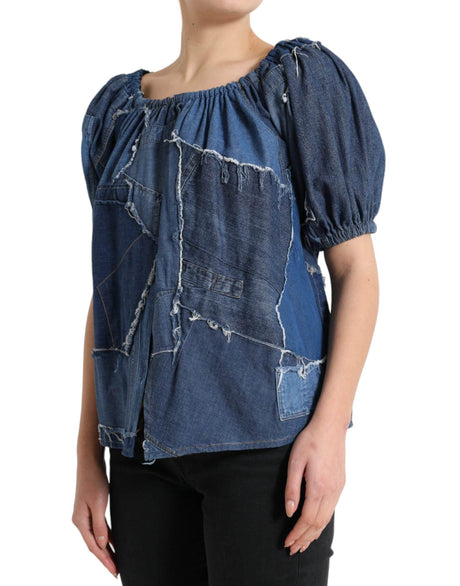 Dolce & Gabbana Blue Patchwork Short Sleeves Denim Blouse Top - Hilstor