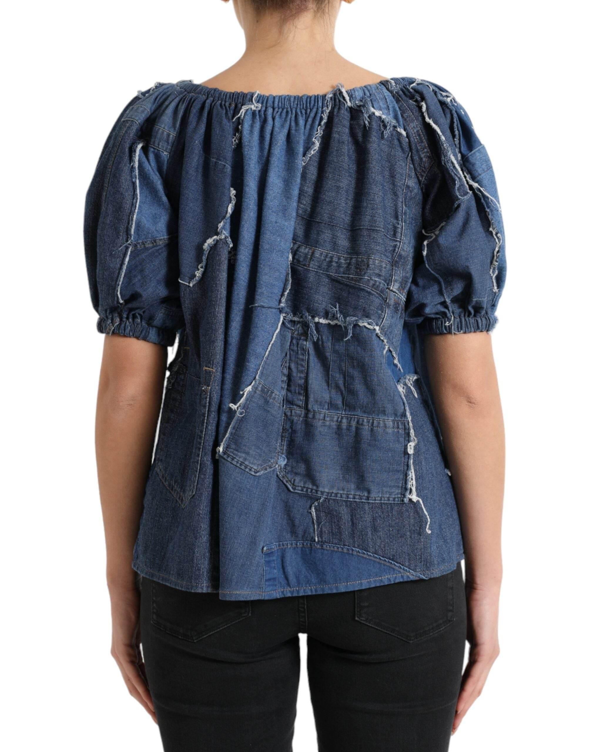 Dolce & Gabbana Blue Patchwork Short Sleeves Denim Blouse Top - Hilstor