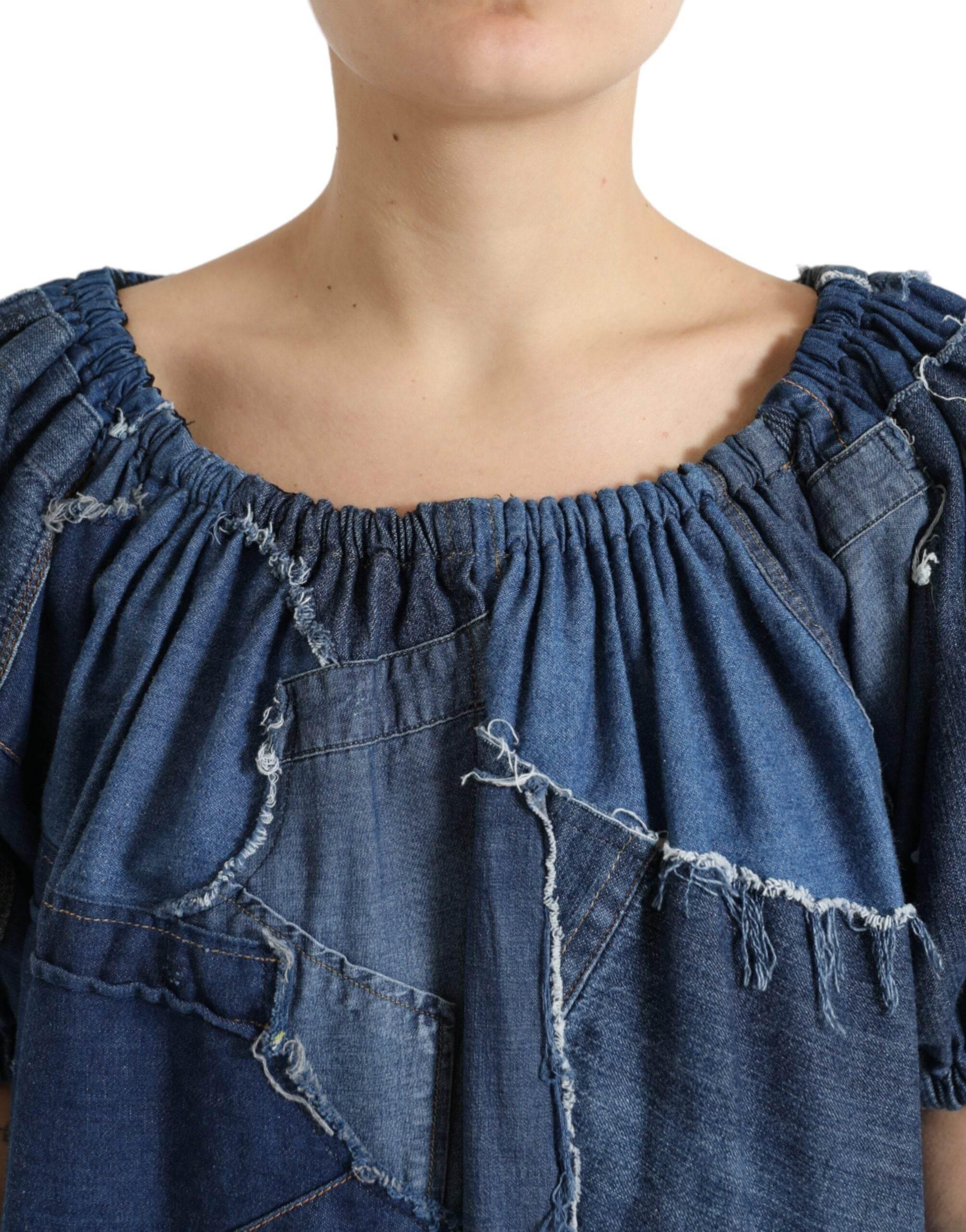Dolce & Gabbana Blue Patchwork Short Sleeves Denim Blouse Top - Hilstor