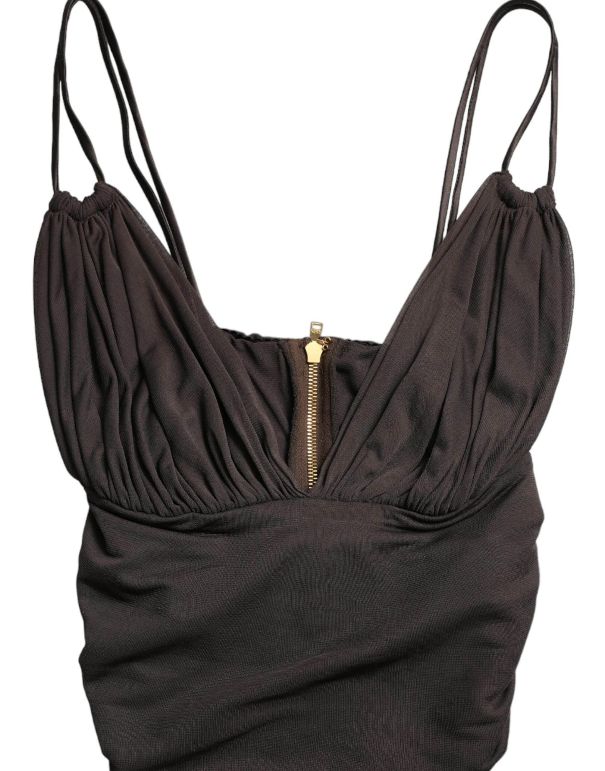 Dolce & Gabbana Brown Viscose Plunging V-neck Cropped Tank Top - Hilstor