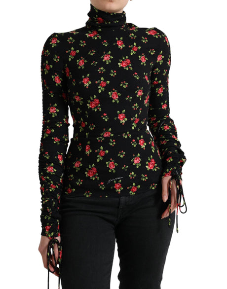 Dolce & Gabbana Black Rose Print Turtle Neck Blouse Top - Hilstor