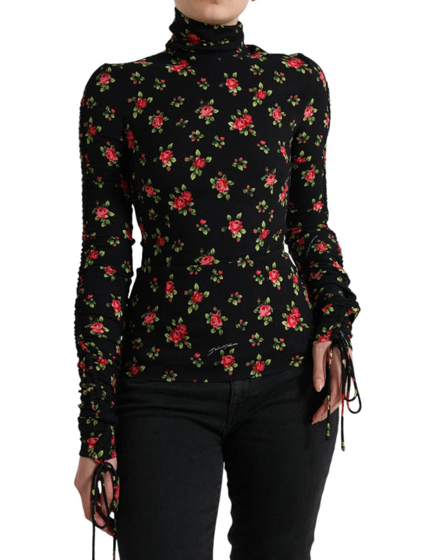 Dolce & Gabbana Black Rose Print Turtle Neck Blouse Top - Hilstor