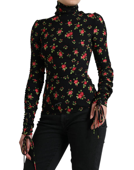 Dolce & Gabbana Black Rose Print Turtle Neck Blouse Top - Hilstor