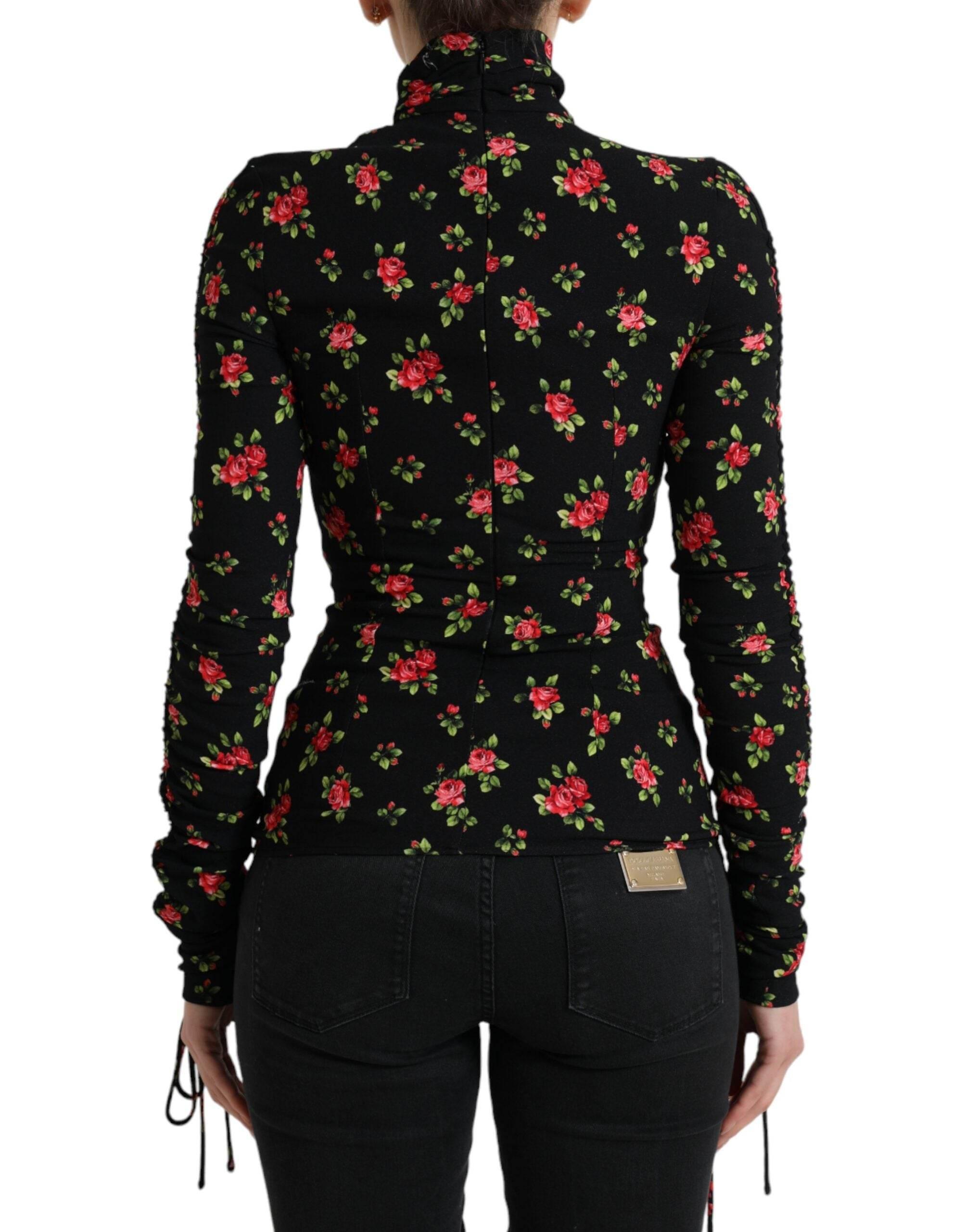 Dolce & Gabbana Black Rose Print Turtle Neck Blouse Top - Hilstor