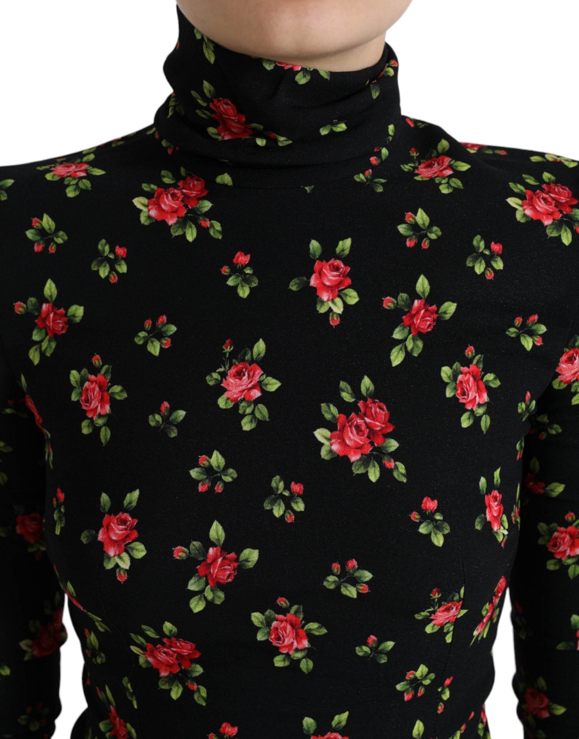 Dolce & Gabbana Black Rose Print Turtle Neck Blouse Top - Hilstor