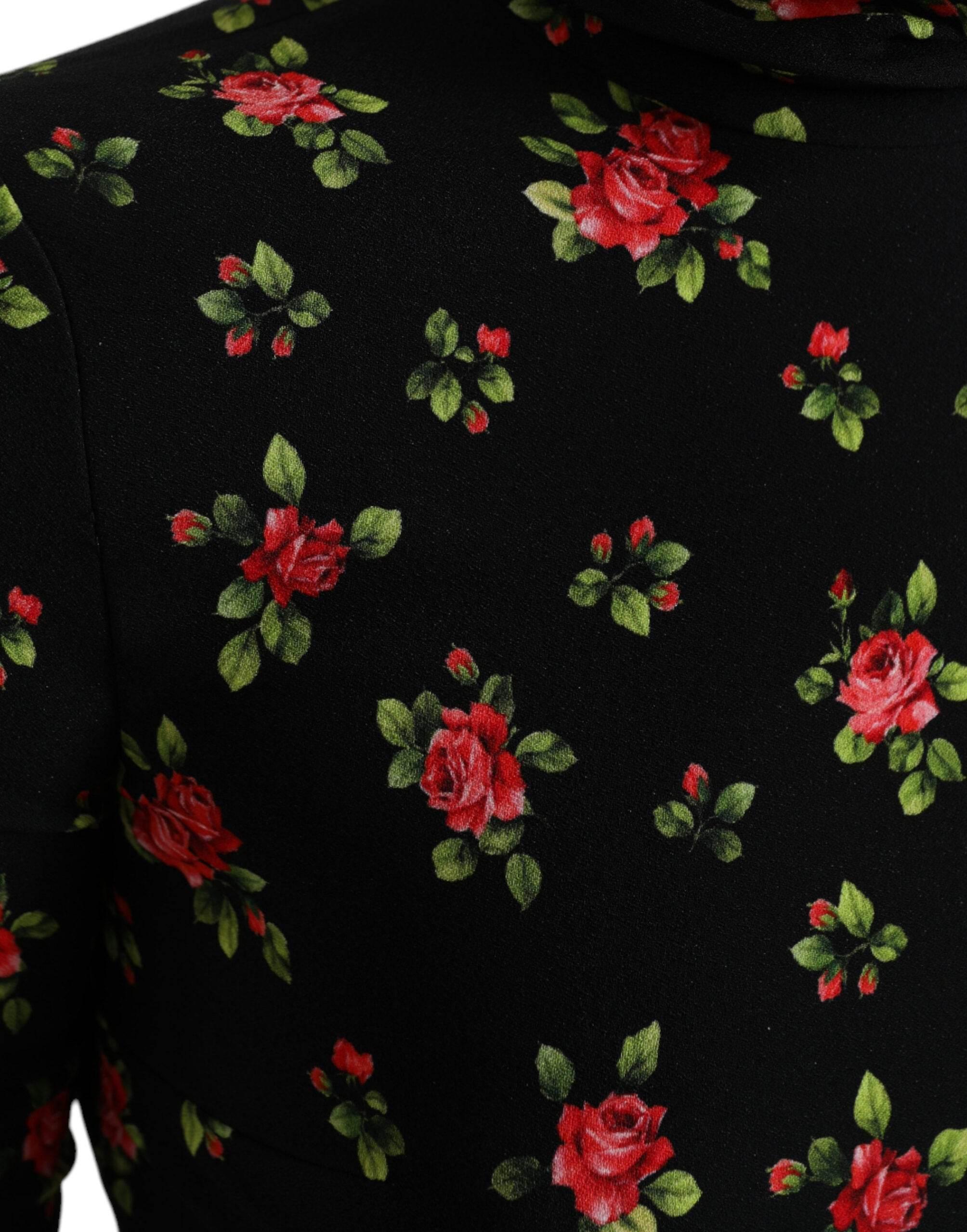 Dolce & Gabbana Black Rose Print Turtle Neck Blouse Top - Hilstor
