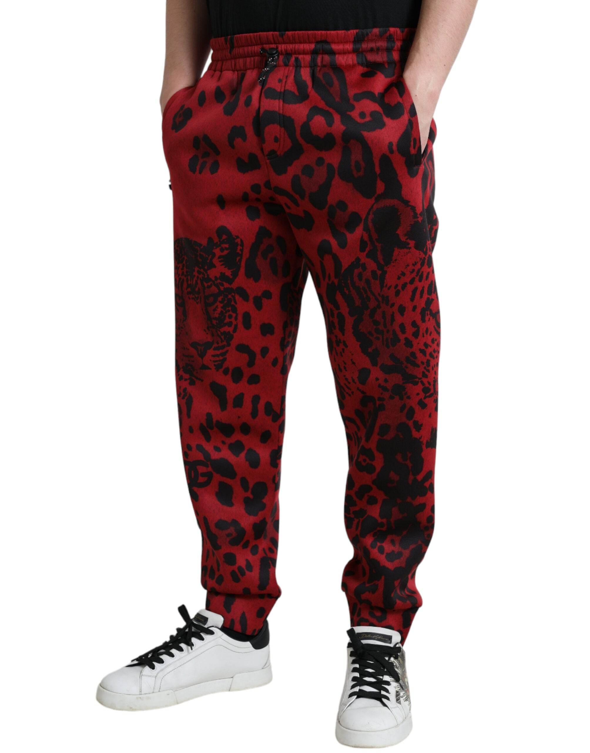Dolce & Gabbana Elegant Leopard Print Joggers in Red and Black - Hilstor