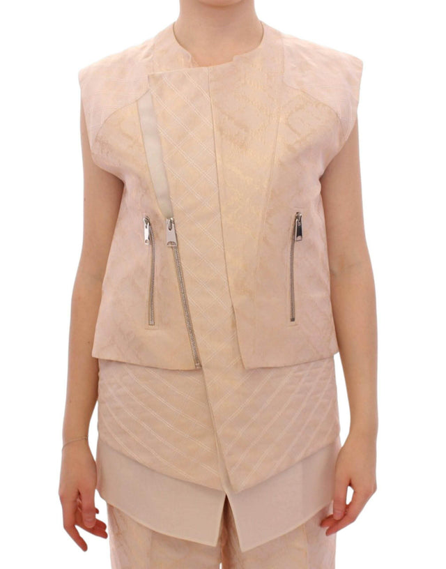 Zeyneptosun Exquisite Beige Brocade Sleeveless Jacket Vest - Hilstor