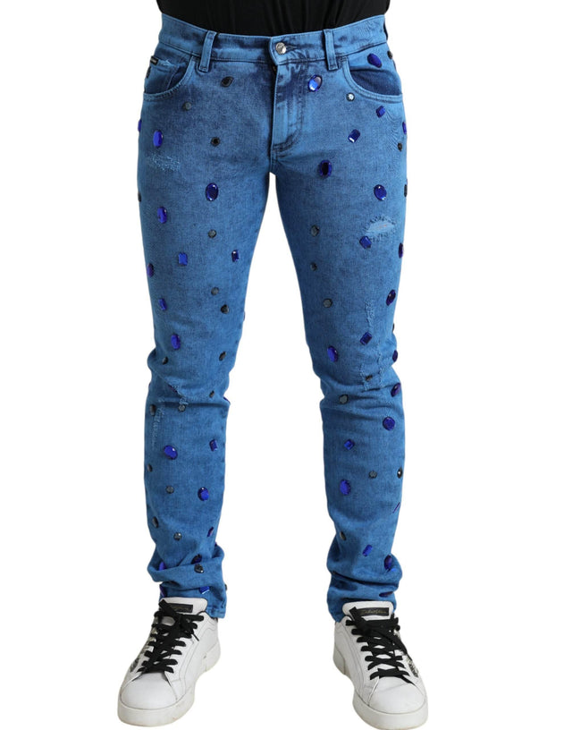 Dolce & Gabbana Blue Crystal Embellished Skinny Denim Jeans - Hilstor