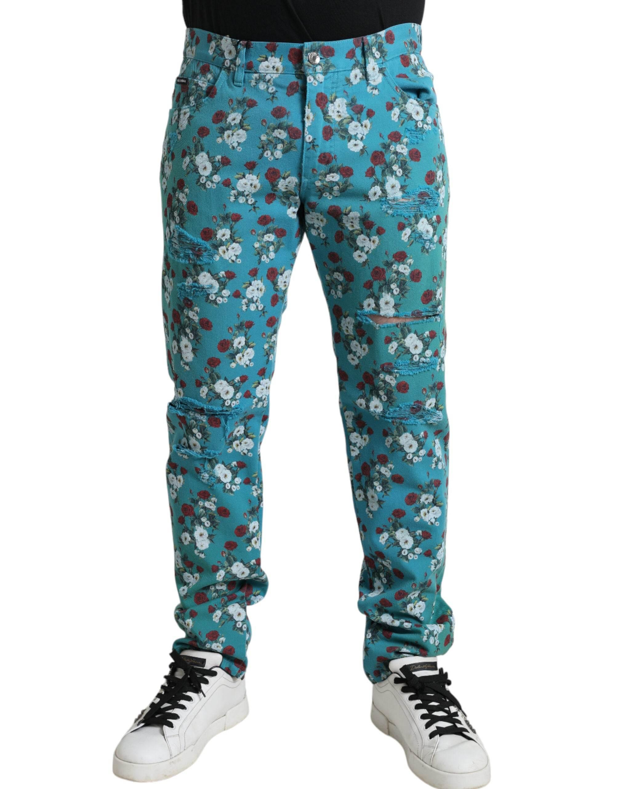 Dolce & Gabbana Blue Floral Print Skinny Cotton Denim Pants - Hilstor