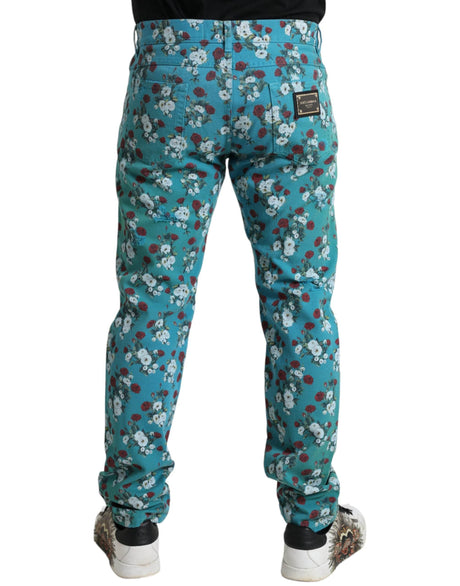 Dolce & Gabbana Blue Floral Print Skinny Cotton Denim Pants - Hilstor