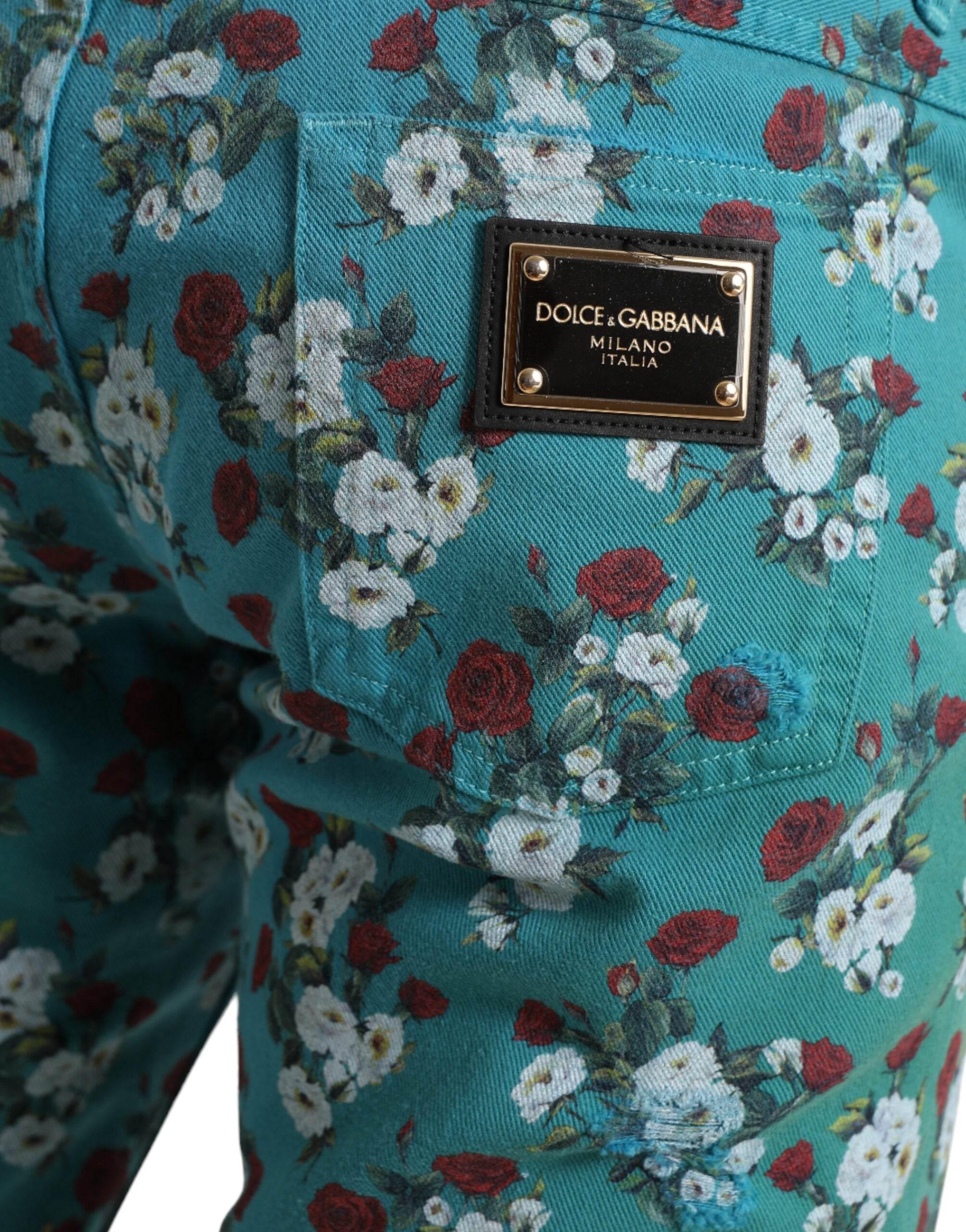 Dolce & Gabbana Blue Floral Print Skinny Cotton Denim Pants - Hilstor
