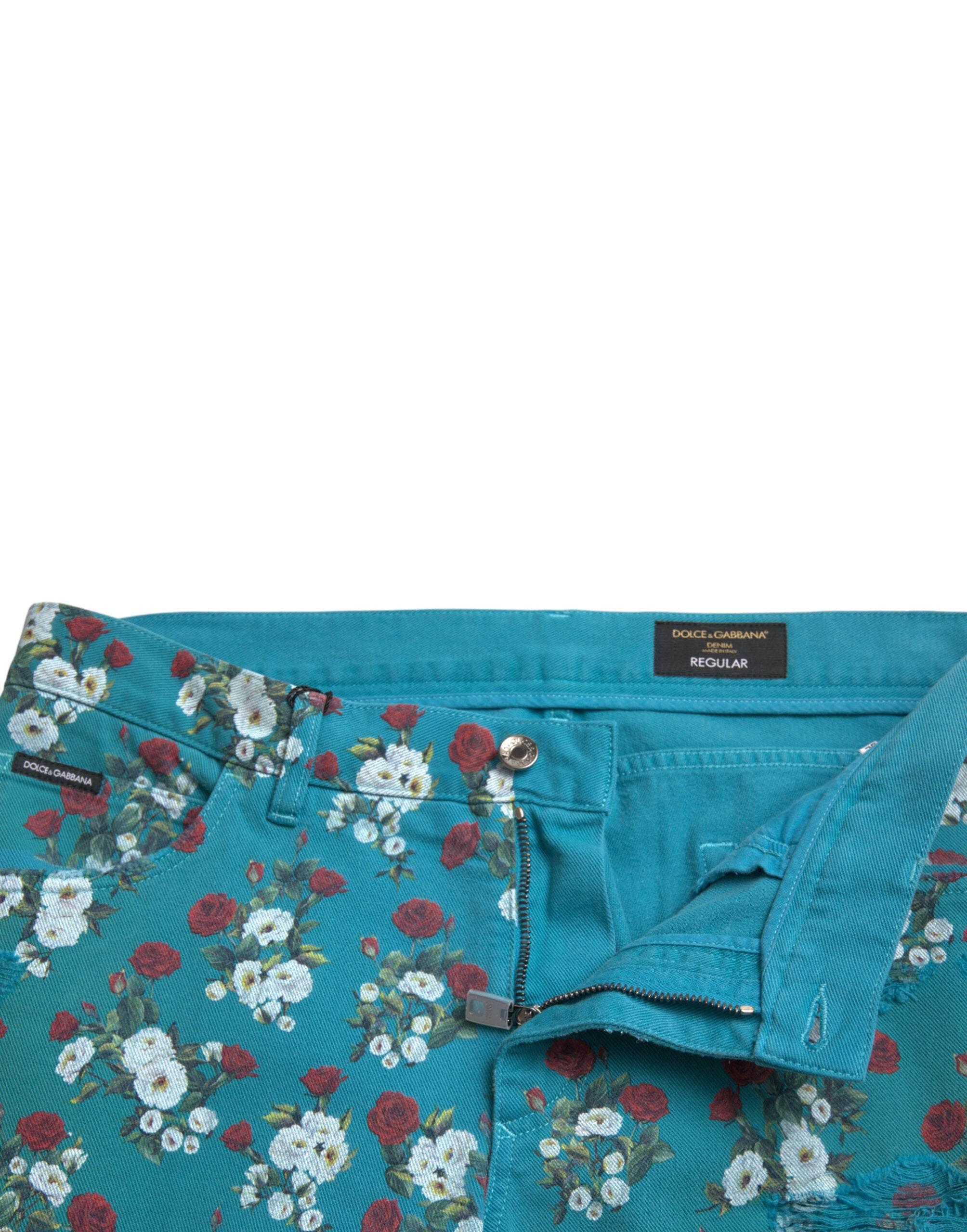 Dolce & Gabbana Blue Floral Print Skinny Cotton Denim Pants - Hilstor