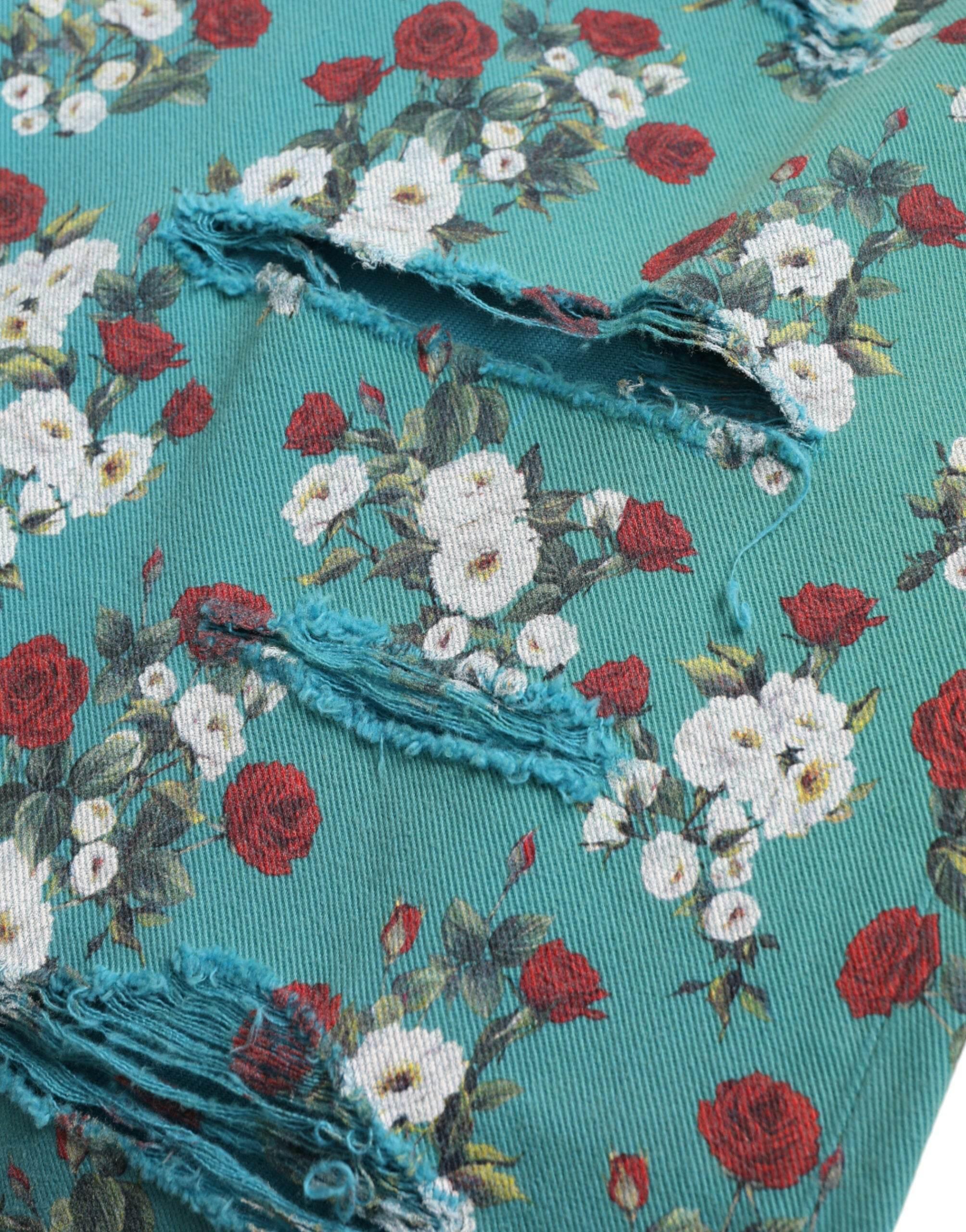 Dolce & Gabbana Blue Floral Print Skinny Cotton Denim Pants - Hilstor